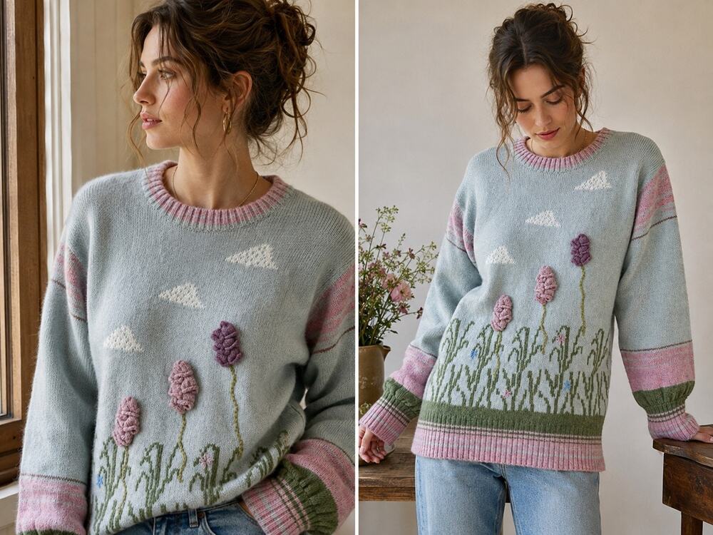 Vintage Clover Casuals Womens S Wool Sweater 3D Floral Cottagecore Pastel Boho
